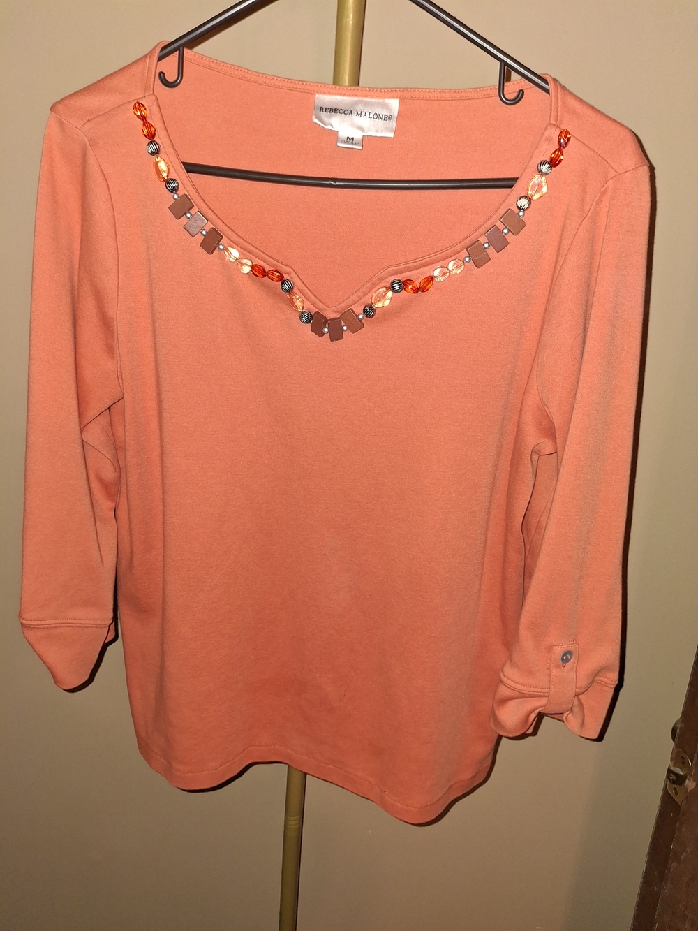Rebecca Malone Coral Beaded V-Neck Long Sleeve Top